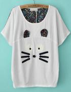 Romwe Cat Pattern Floral White T-shirt