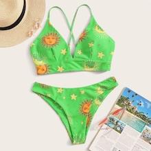 Romwe Random Graphic Print Criss-cross Tie Back Bikini Set
