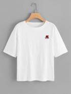Romwe Drop Shoulder Rose Embroidered Tee
