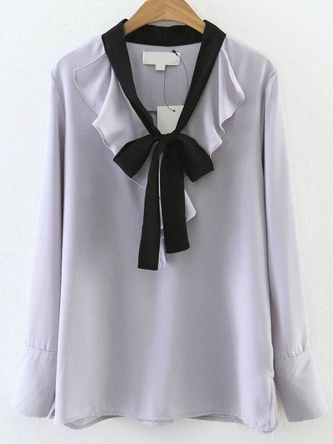 Romwe Blue Bow Tie Neck Ruffle Trim Blouse