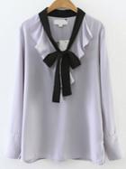 Romwe Blue Bow Tie Neck Ruffle Trim Blouse