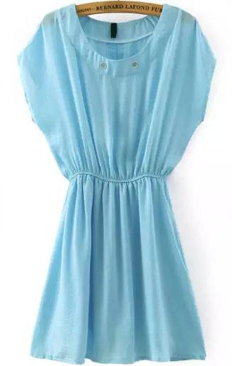 Romwe Round Neck Elastic Waist Blue Dress