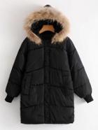 Romwe Contrast Faux Fur Hooded Longline Padded Coat