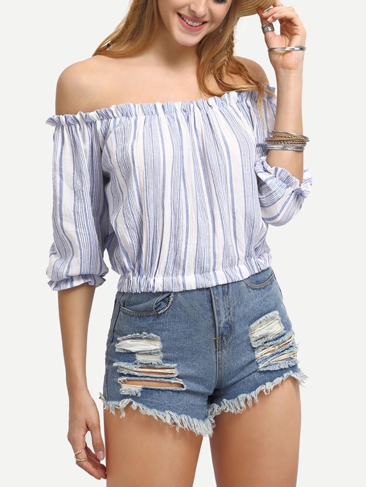 Romwe Vertical Striped Off-the-shoulder Blouse