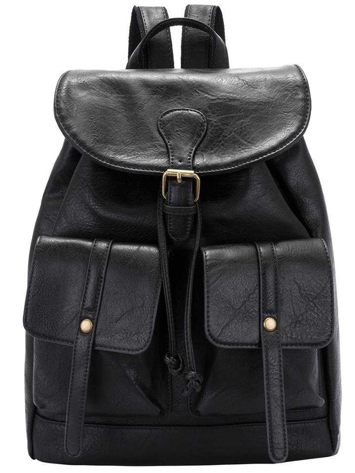 Romwe Black Buckle Drawstring Pu Backpack