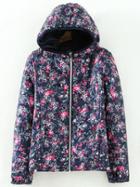 Romwe Hooded Zipper Florals Blue Coat