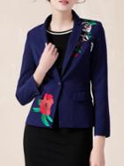 Romwe Blue Lapel Flowers Embroidered Coat