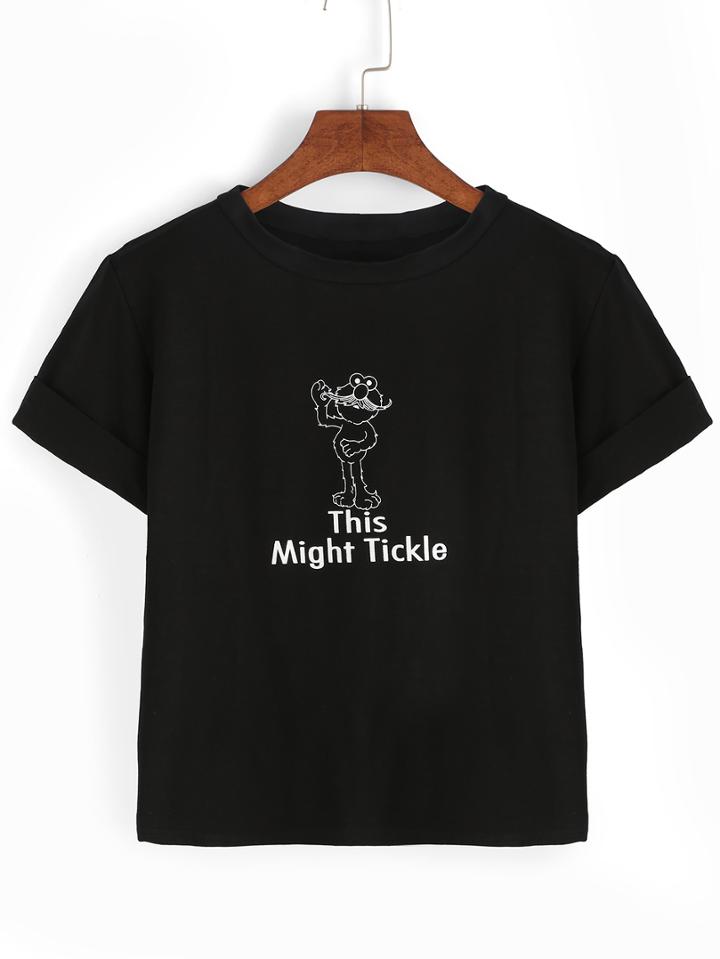 Romwe Cartoon Print Rolled Sleeve T-shirt - Black