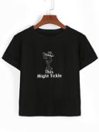 Romwe Cartoon Print Rolled Sleeve T-shirt - Black