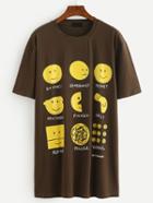 Romwe Emoji Print Tee Dress - Brown