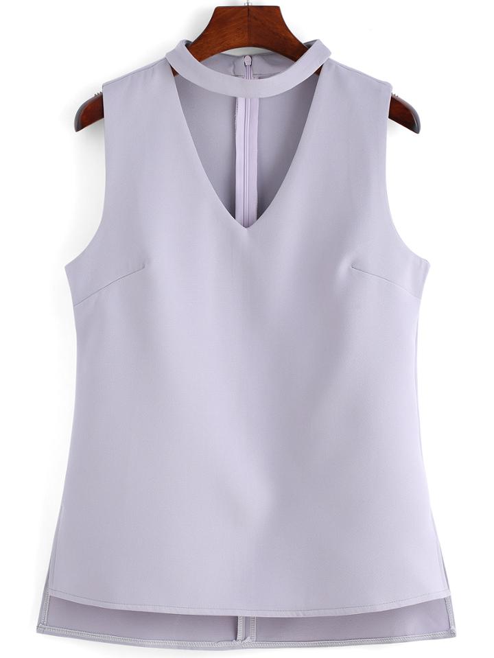 Romwe V Neck High Low Grey Tank Top