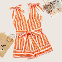Romwe Surplice Striped Belted Cami Playsuit