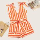 Romwe Surplice Striped Belted Cami Playsuit