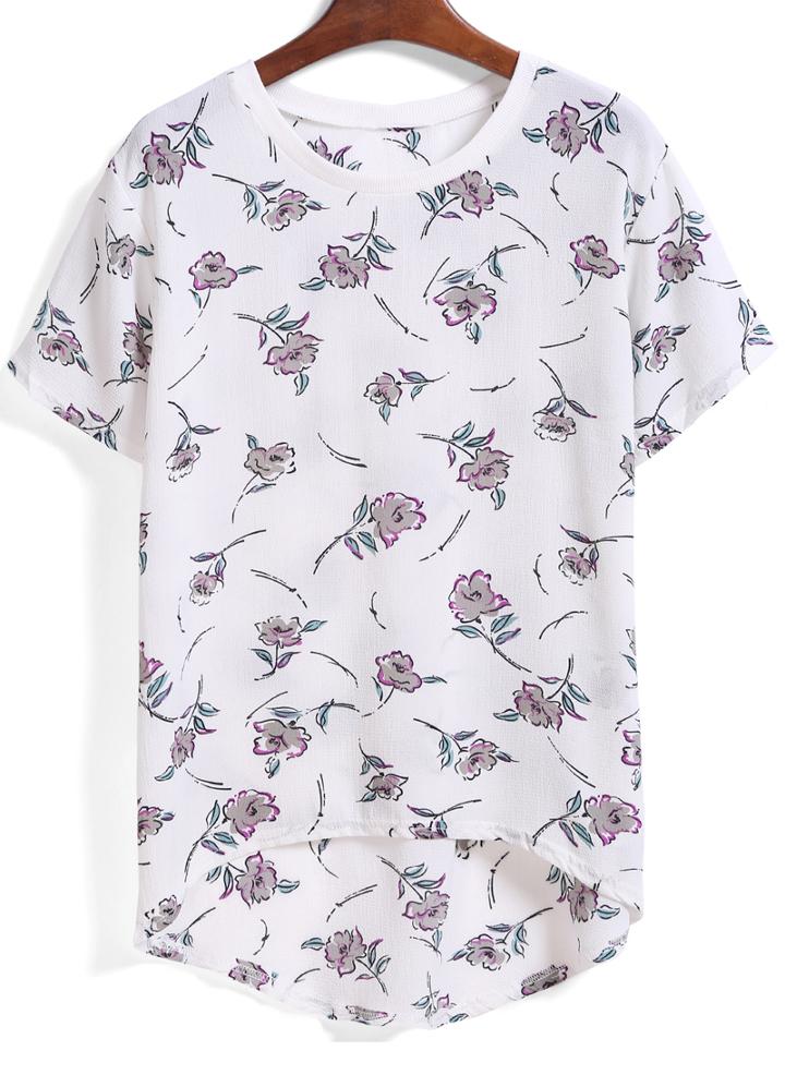 Romwe Dip Hem Flower Print White T-shirt