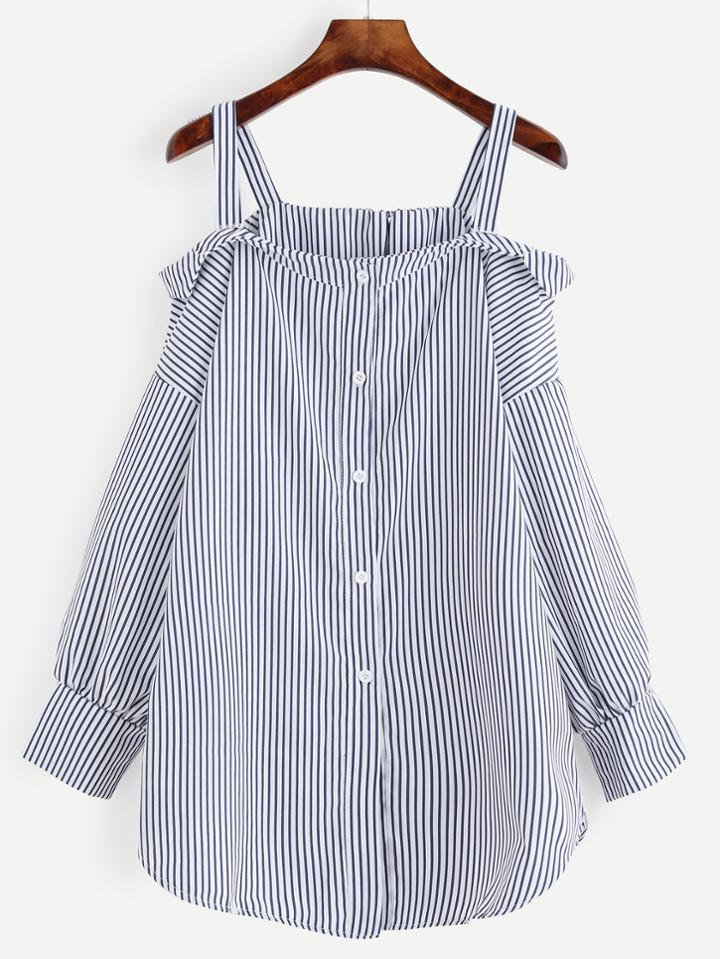Romwe Navy Striped Button Front Cold Shoulder Blouse