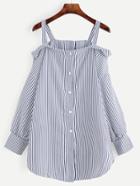 Romwe Navy Striped Button Front Cold Shoulder Blouse