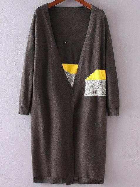 Romwe Grey Patchwork Drop Shoulder Long Cardigan