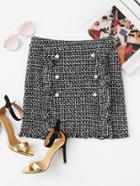 Romwe Pearl Button Detail Ruffle Trim Tweed Skirt