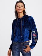 Romwe Flower Embroidered Crushed Velvet Hoodie