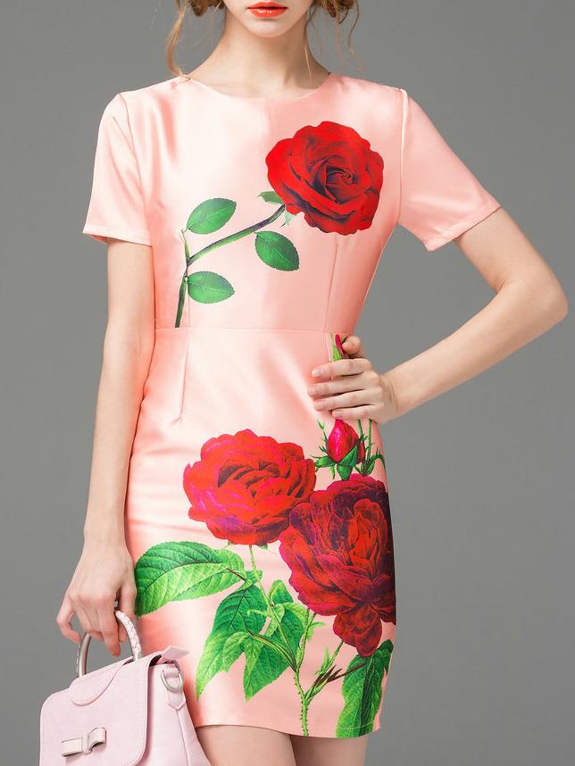 Romwe Pink Crew Neck Rose Print Sheath Dress