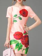 Romwe Pink Crew Neck Rose Print Sheath Dress