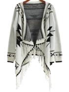 Romwe Beige Long Sleeve Geometric Print Tassel Cardigan