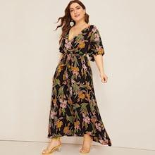 Romwe Plus Surplice Wrap Botanical Dress