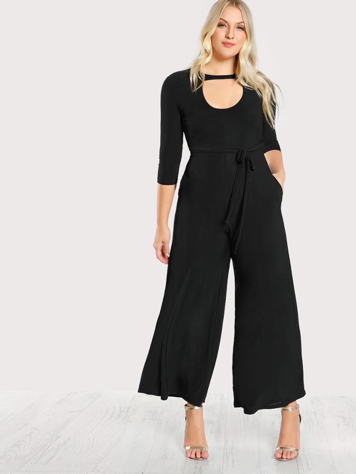 Romwe Double Keyhole Belted Palazzo Jumpsuit