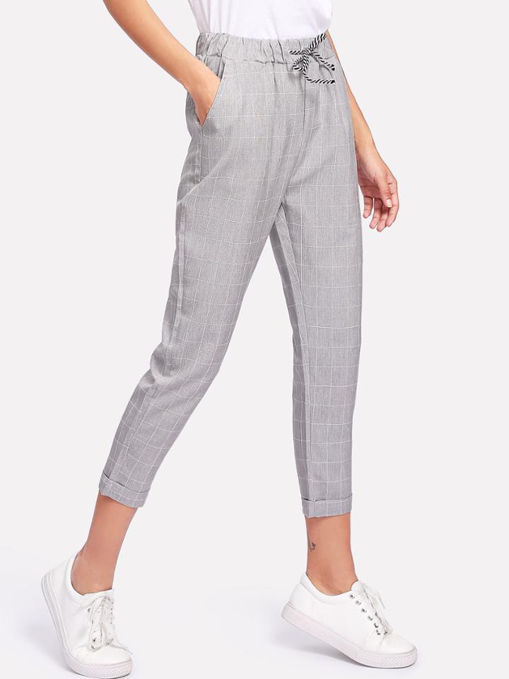 Romwe Grid Print Tie Waist Tapered Leg Pants