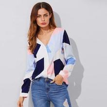 Romwe V Neckline Colorblock Blouse