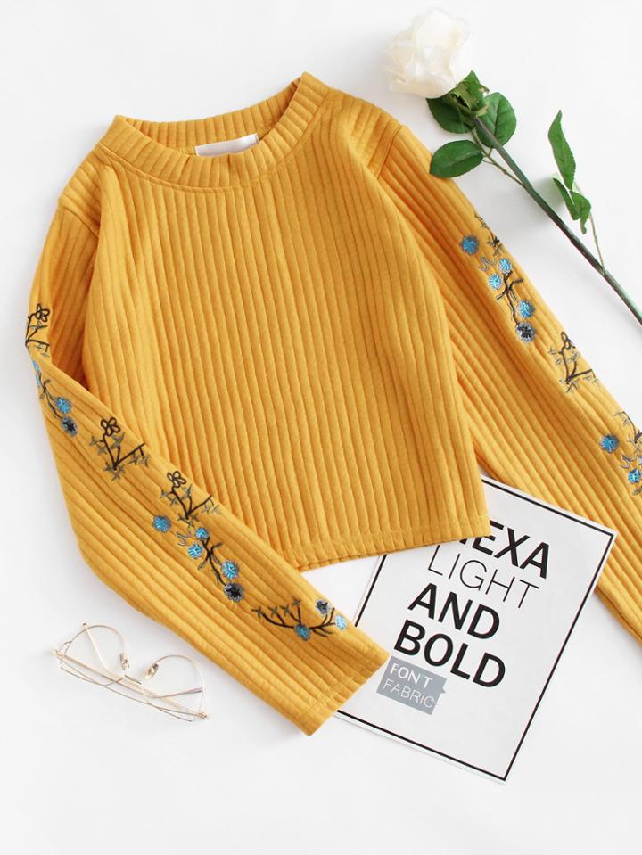 Romwe Floral Embroidered Ribbed Top