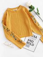 Romwe Floral Embroidered Ribbed Top