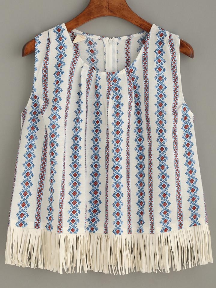 Romwe White Floral Stripe Print Fringe Top