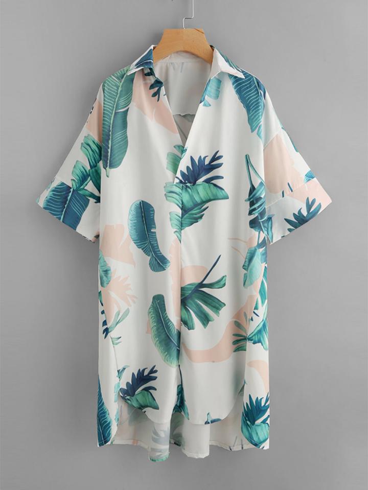 Romwe Leaf Print Dip Hem Dress