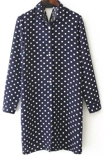 Romwe Lapel Polka Dot Cut Out Navy Dress