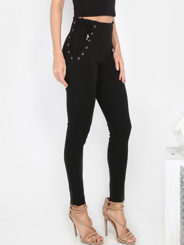 Romwe Lace Up Tapered Slack Pants Black