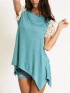 Romwe Blue Crochet Sleeve Asymmetric T-shirt