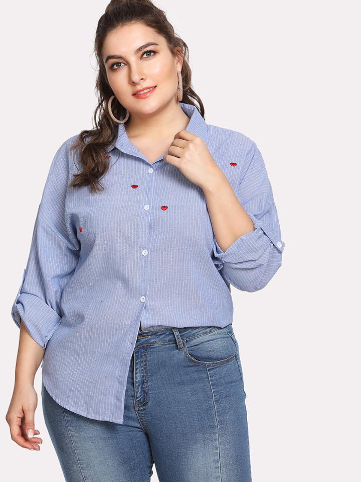 Romwe Heart Embroidery Pinstripe Dolphin Hem Shirt