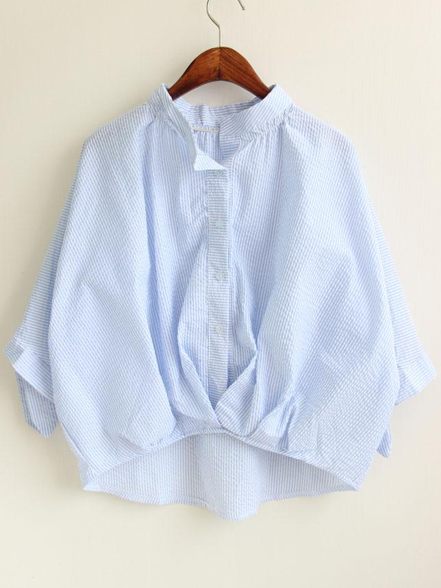 Romwe Stand Collar Striped Crop Blue Blouse