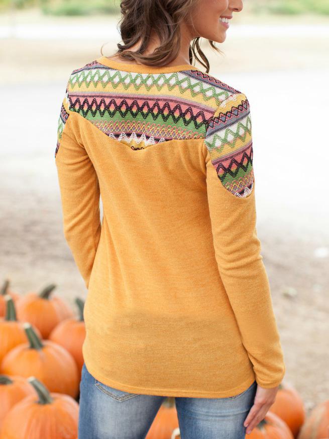 Romwe Round Neck Geometric Print Slim Yellow Sweater