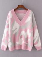 Romwe Pink Leopard Print Drop Shoulder Sweater