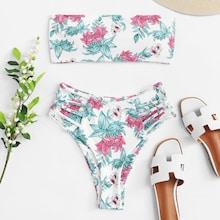 Romwe Flower Print Bandeau With Ladder Cut-out Side Bikini