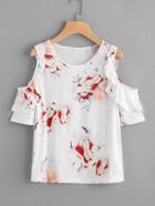 Romwe Open Shoulder Floral Print Random Frill Trim Tee