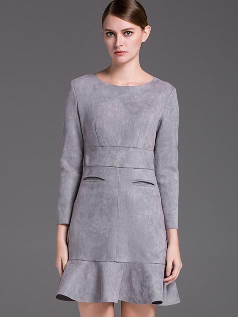 Romwe Grey Round Neck Long Sleeve Ruffle Dress