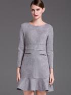 Romwe Grey Round Neck Long Sleeve Ruffle Dress