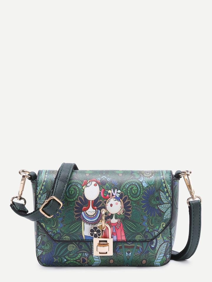 Romwe Flower Detail Cartoon Print Pu Crossbody Bag