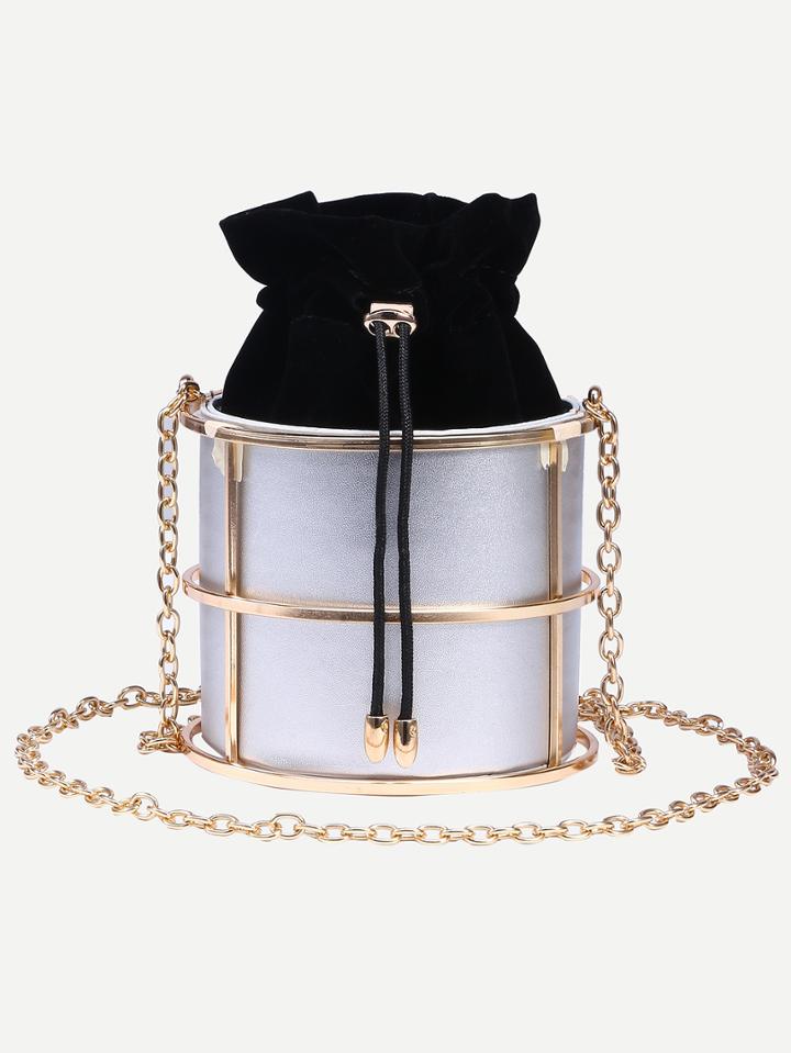 Romwe Silver Drawstring Closure Caged Chain Bag