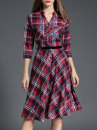 Romwe Multicolor V Neck Pockets Check Belted Dress