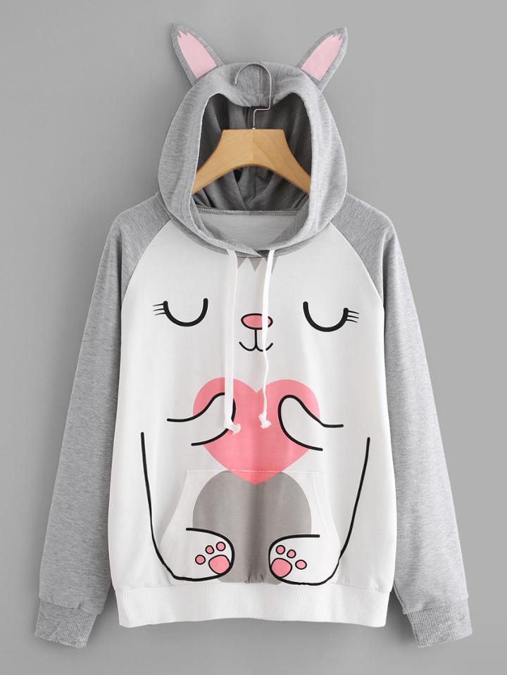 Romwe Ear Hooded Cartoon Print Sweatshirt