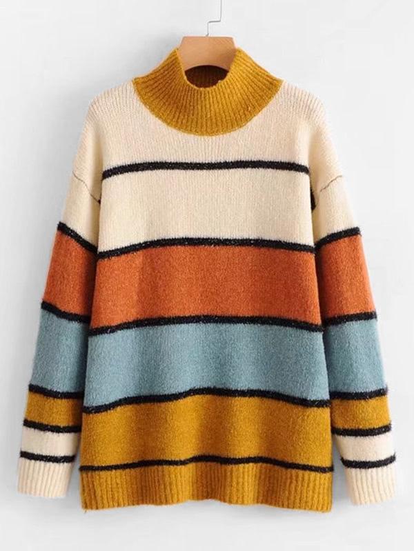 Romwe Block Striped Longline Jumper Sweater